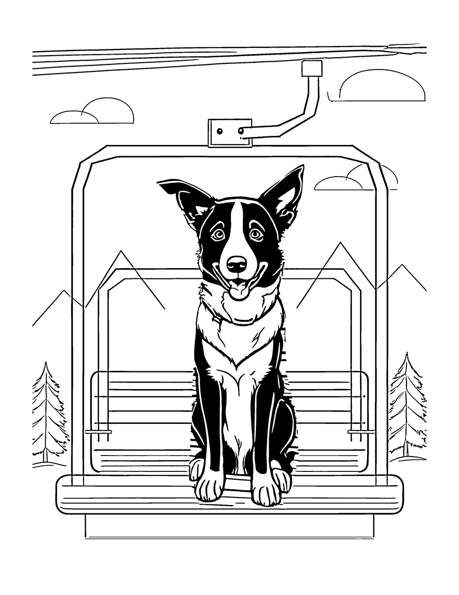 Line drawing of Archie the border collie sitting on a ski lift chair