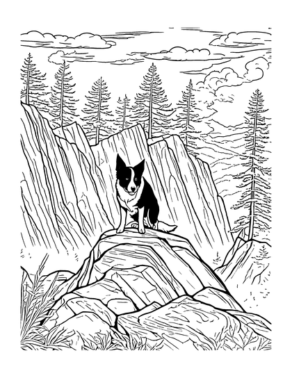 Coloring page The Lookout: a line drawing of Archie the border collie from A Dog's Life in the Rockies