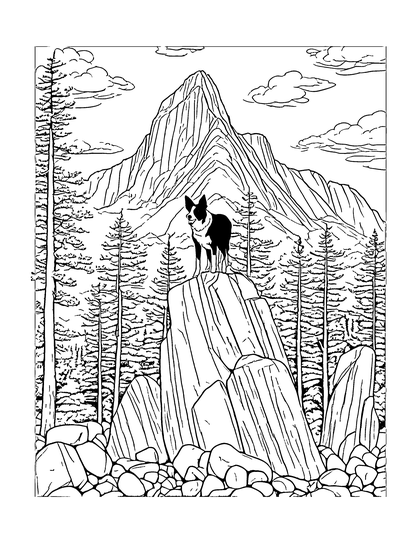 Coloring page King of the Rocks: a line drawing of Archie the border collie from A Dog's Life in the Rockies