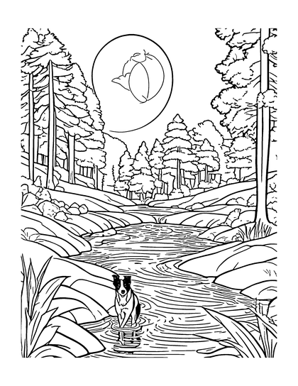 Coloring page Creek Wading: a line drawing of Archie the border collie from Archie's Big Adventures